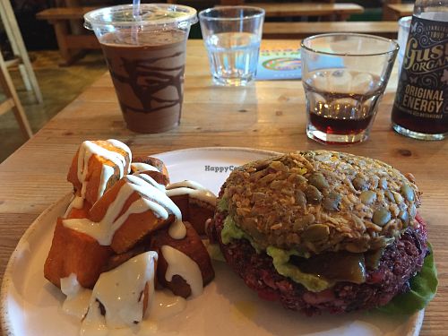 Veggie burger and sweet potato at Wild Food Cafe in London