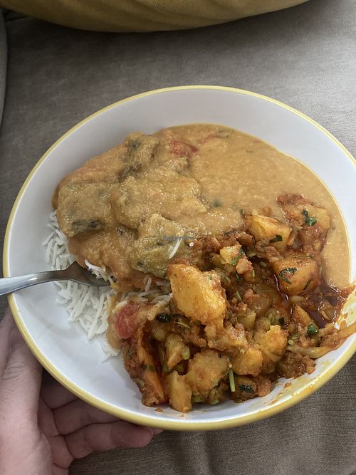 Vegan passanda and aloo bhaji  at Nazmin's in South West London