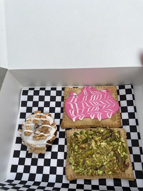 Pistachio and Strawberry Astrotarts; Cinnamon Crunch Mini-Donut 💕✨😜  at Cosmic Bakery  in Upland