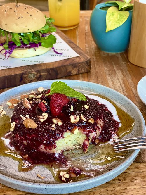 Vegan pancake and vegan burger   at Almond in Canggu