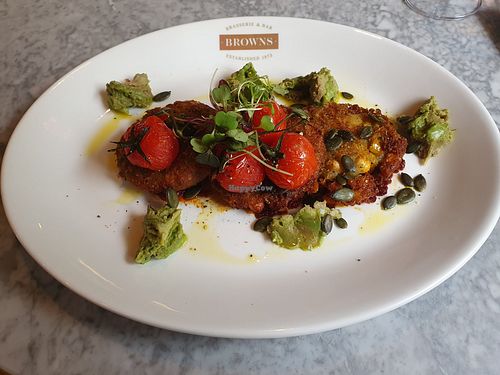 Sweetcorn Fritters & Smashed Avocado (ve)
Harissa & maple dressing, confit tomatoes, spring onion. at Browns in Wilmslow