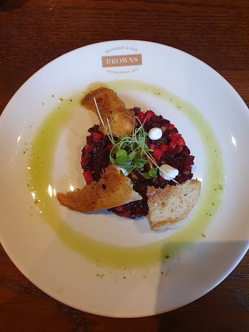 Beetroot & Apple Tartare (ve) Croutons, pickled radish, candied seeds. at Browns in Wilmslow