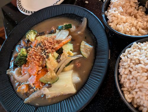 Roasted garlic with vegetables. Brown rice at Moon Thai Sushi in Blowing Rock