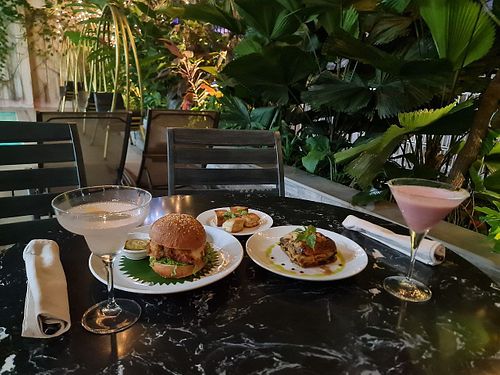 Vegan lasagna, vegan chickenburger and cocktails  at Cabana Urbana in Phnom Penh