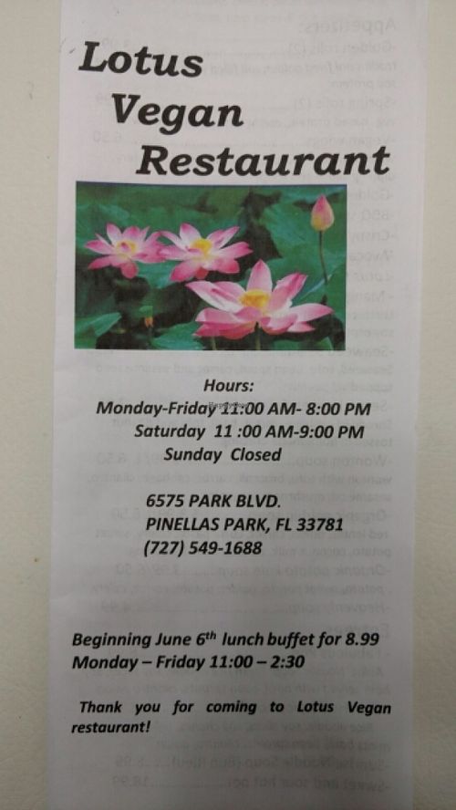 Menu cover at Lotus Vegan Restaurant in Pinellas Park