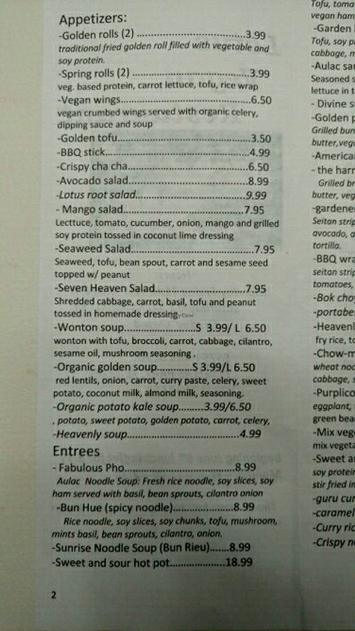 Menu page 1 at Lotus Vegan Restaurant in Pinellas Park