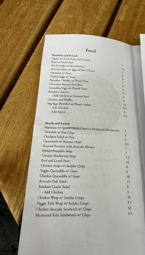 Menu  at Indabo Cafe in Kigali