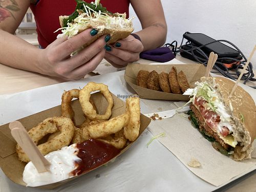 Utopia beetroot vegan burger, onion rings and nuggets €11.50  at Burger Mel - La Marina in Tenerife