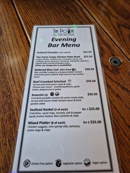 Evening menu at The Point in Kaka Point