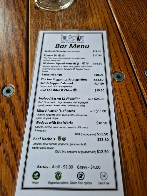 Lunch menu at The Point in Kaka Point