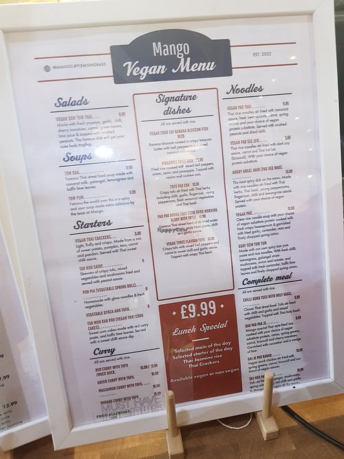 Vegan menu at Mango Thai Cafe in Sheffield