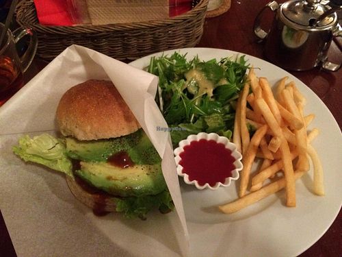 Avocado burger and fries at Matsuontoko Cafe in Kyoto