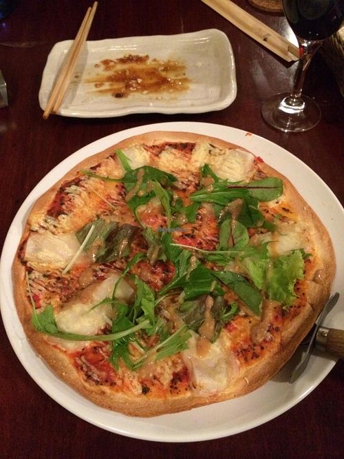 Pizza with vegan cheese (the best I had in Japan!) at Matsuontoko Cafe in Kyoto