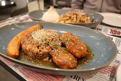 milanesa with rice & plantain at Los Andenes Vegan - Puerta de Toledo in Madrid