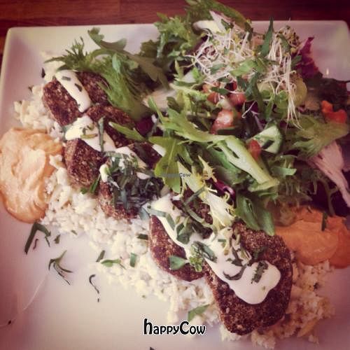 Raw Vegan almond falafel with culiflower rice and some other stuff at Tilstede mat og mer in Kristiansand