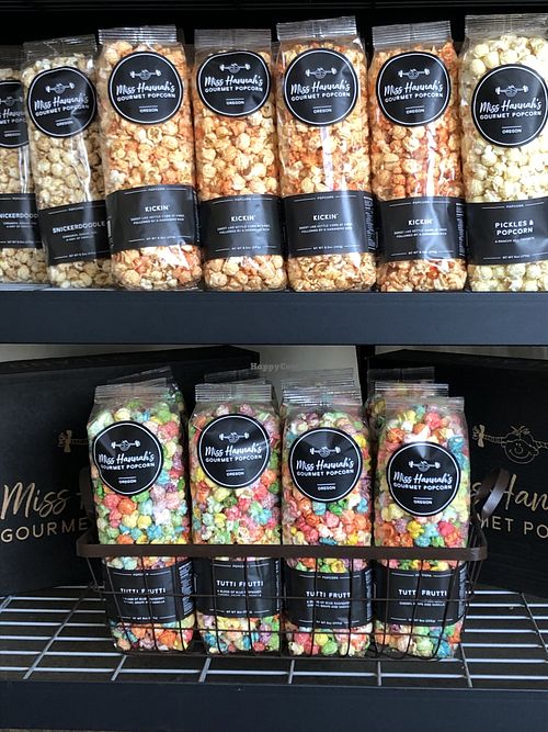 Kickin and Tutti Frutti are vegan  at Miss Hannah's Gourmet Popcorn in Newberg