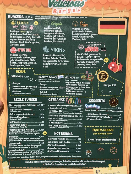 German menue  at Vélicious Burger in Colmar