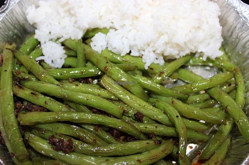 Green bean with vegan meat at Quan Yin in Houston
