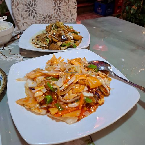 Tofu and vegetables, and sweet and sour tofu. at Tai Restaurant Cafeteria in Nerja