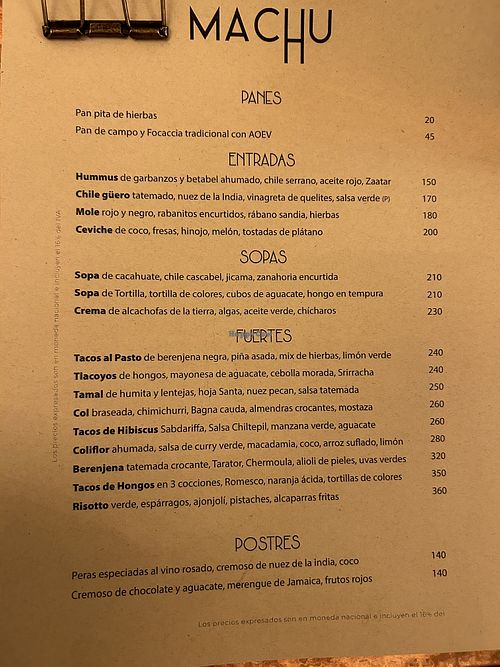 Menú  at Machu in Mexico City