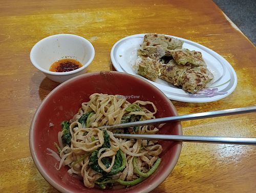 Sesame noodles and pancake with egg (can be without) at Old Club Vegetarian - 老東家素食 in Chiayi