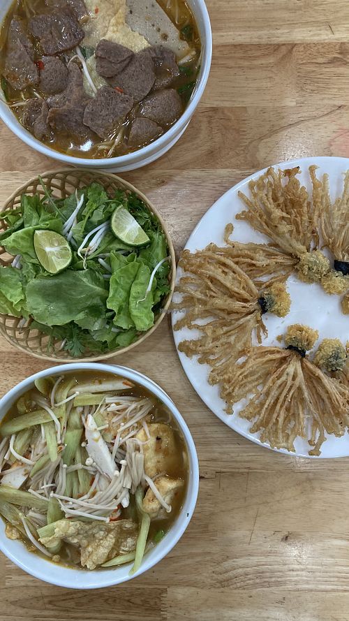 Hue noodles, thai noodles and deep fried mushrooms  at Nhà Hàng Chay Hoa Lư - Loving Hut in Ninh Binh