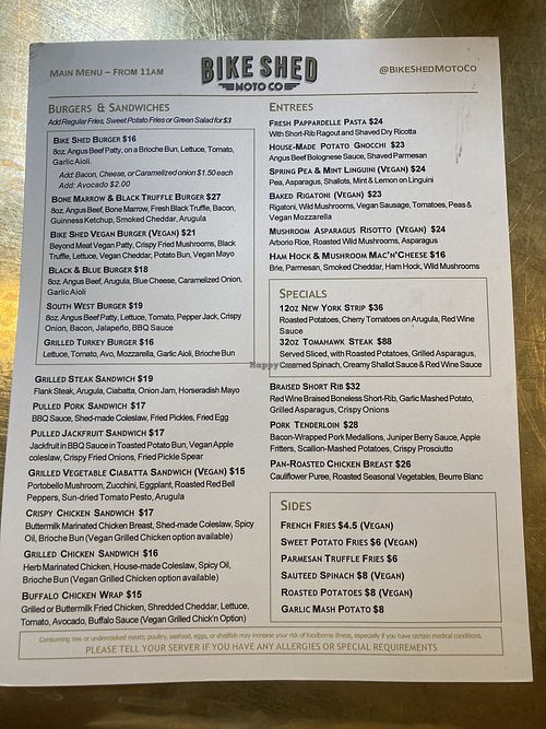 Main menu  at BikeShed Motorcycle Company in Los Angeles