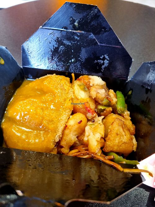 Veg noodles + pumpkin katsu + potatoes at Chopstix Noodle Bar in Biggar