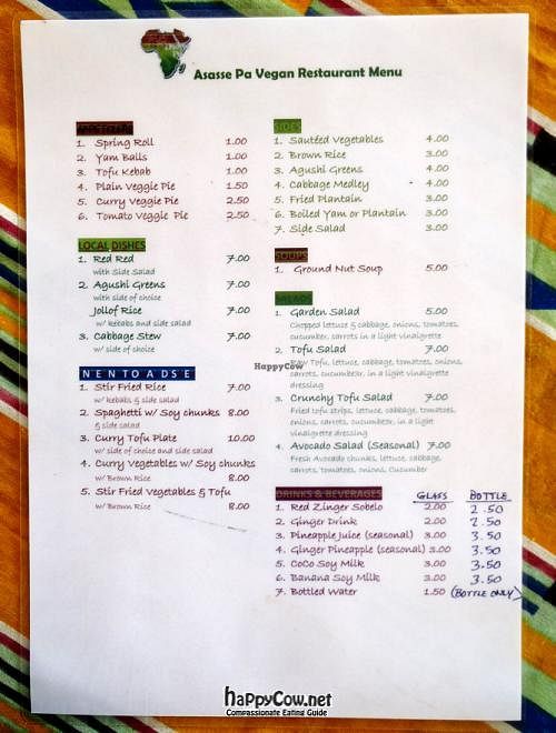 menu at Asasse Pa Vegan Restaurant in Cape Coast