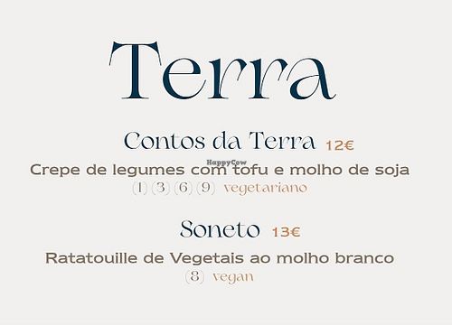 The vegan and vegetarian options on the menu. at Épico Restaurante in Oliveira De Azemeis