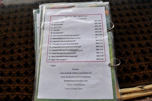 Back cover (with mostly small dishes/desserts).  Note that vegan items have a star. at Baobab House in Cape Coast