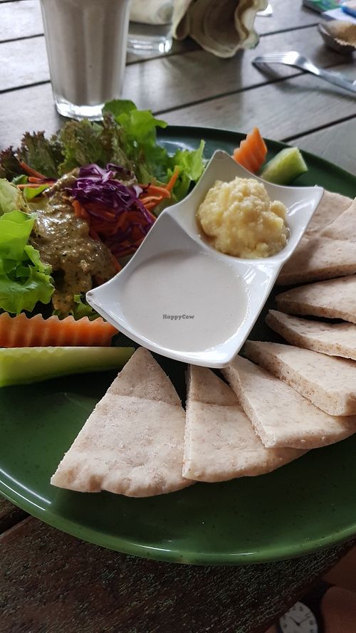Hummus, pita bread & salad at Imm Aim Vegetarian and Bike Cafe in Chiang Mai