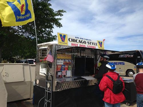 look for the flag! at Kim and Carlos Hot Dog Stand in Chicago