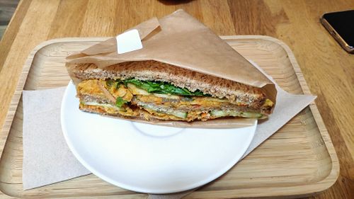 Sandwich "triangle" with chickpea-based rillette and veggies. at Chez Albert in La Rochelle