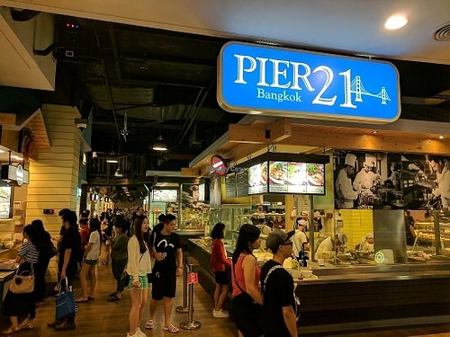Standing next to the london bridge, facing toward the cashier stand. The vegetarian stall can be seen, one row back on the right in the center of this photo. at BKK - Veg Stall Food Court - T21 in Bangkok