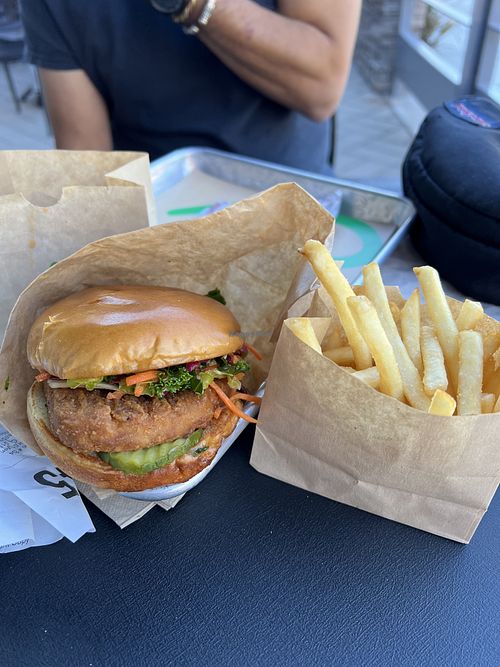 Deluxe chicken sandwich and fries  at Hart House in Monrovia