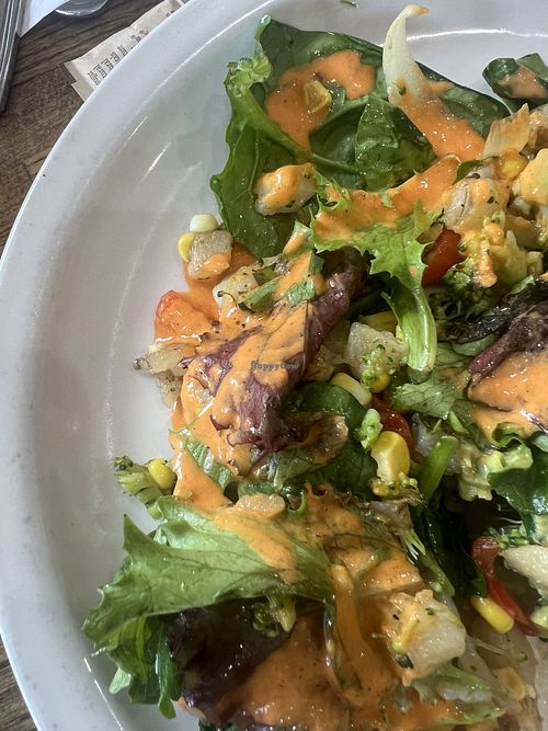 Dark orange sauce is the vegan one! The red pepper sauce. The chipotle aioli on the vegan hash is NOT VEGAN. This is, the red pepper sauce, is vegan. You MUST say “with red peppe at Breakfast House in Chicago