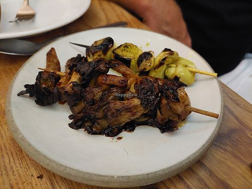 Oyster mushroom and leek skewers at Bubala - Soho in London