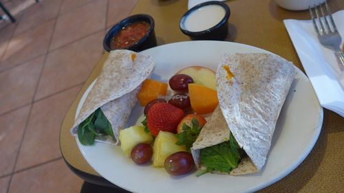 vegan wrap with salsa and fresh fruit, the other sauce is not vegan at Jason's Deli in Scottsdale