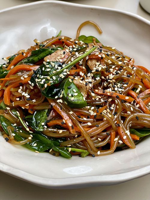 Sweet potato glass noodles with tofu, carrots, spinach, sesame  at The Klub Kitchen in Berlin
