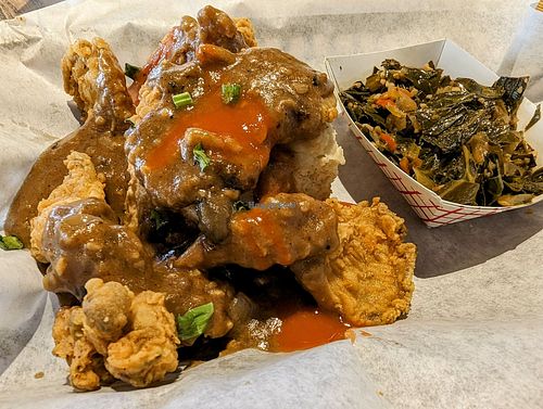 Chik'n and Biscuit with Gravy and a side of Collards at Vegan Soul in Boise
