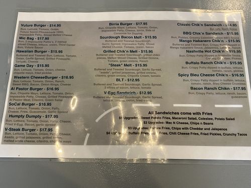 Menu as of April 2023  at Vuture Food in Lancaster