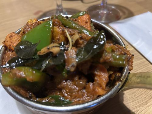 CHETTINAD VEG KARI  
A spice medley of seasonal vegetables stir-fried with South Indian roasted masala, curry leaves, mustard seeds and crushed black pepper.  at My Delhi Sunderland Indian Restaurant in Sunderland