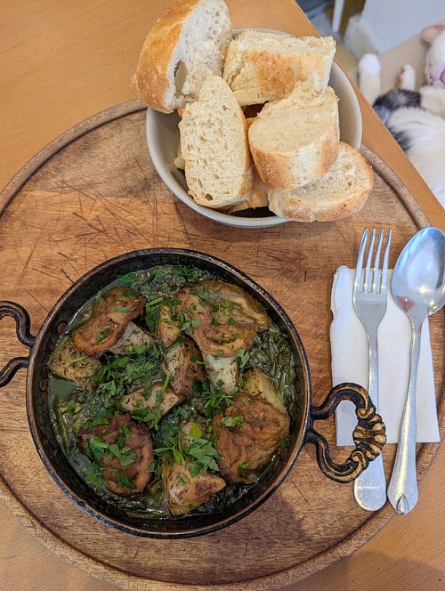 Green shakshuka with eggplant and potato at bleue! in Tunis