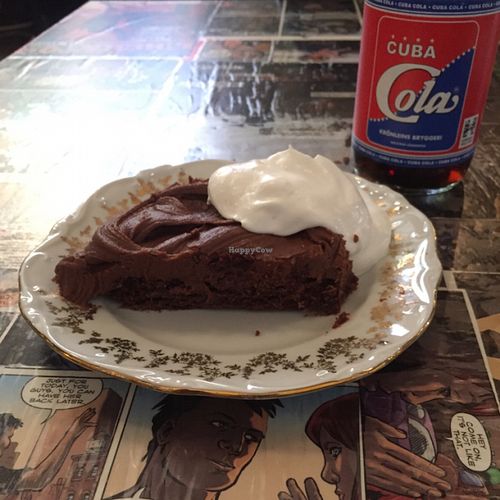 vegan chocolate cake with soy cream at Kafe 44 in Stockholm
