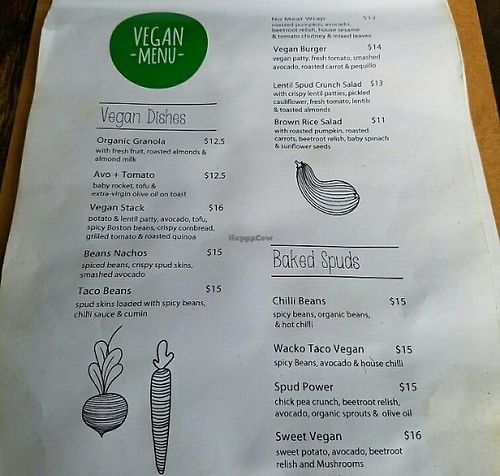 Vegan menu at Mad Spuds in Surry Hills