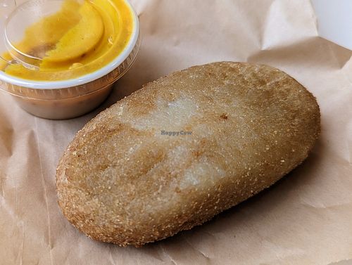 Vegan knish with mustard at Ben & Esther's Vegan Jewish Deli in Seattle