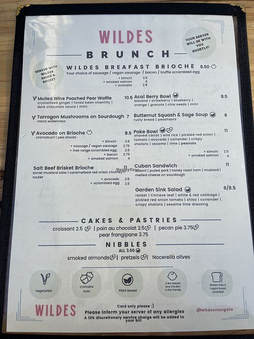 Menu with 4 vegan options   at Wildes in Margate