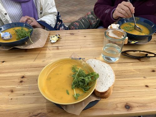 Butternut squash and sage soup with bread and they brought vegan flora spread   at Wildes in Margate