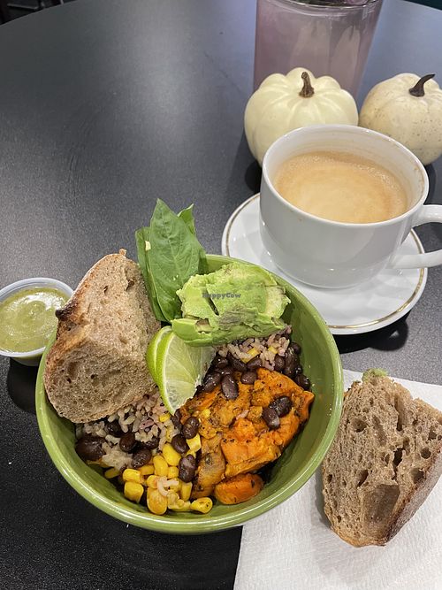 Delicious fall bowl and oatmilk latte  at Roots Coffee Kitchen in Spokane
